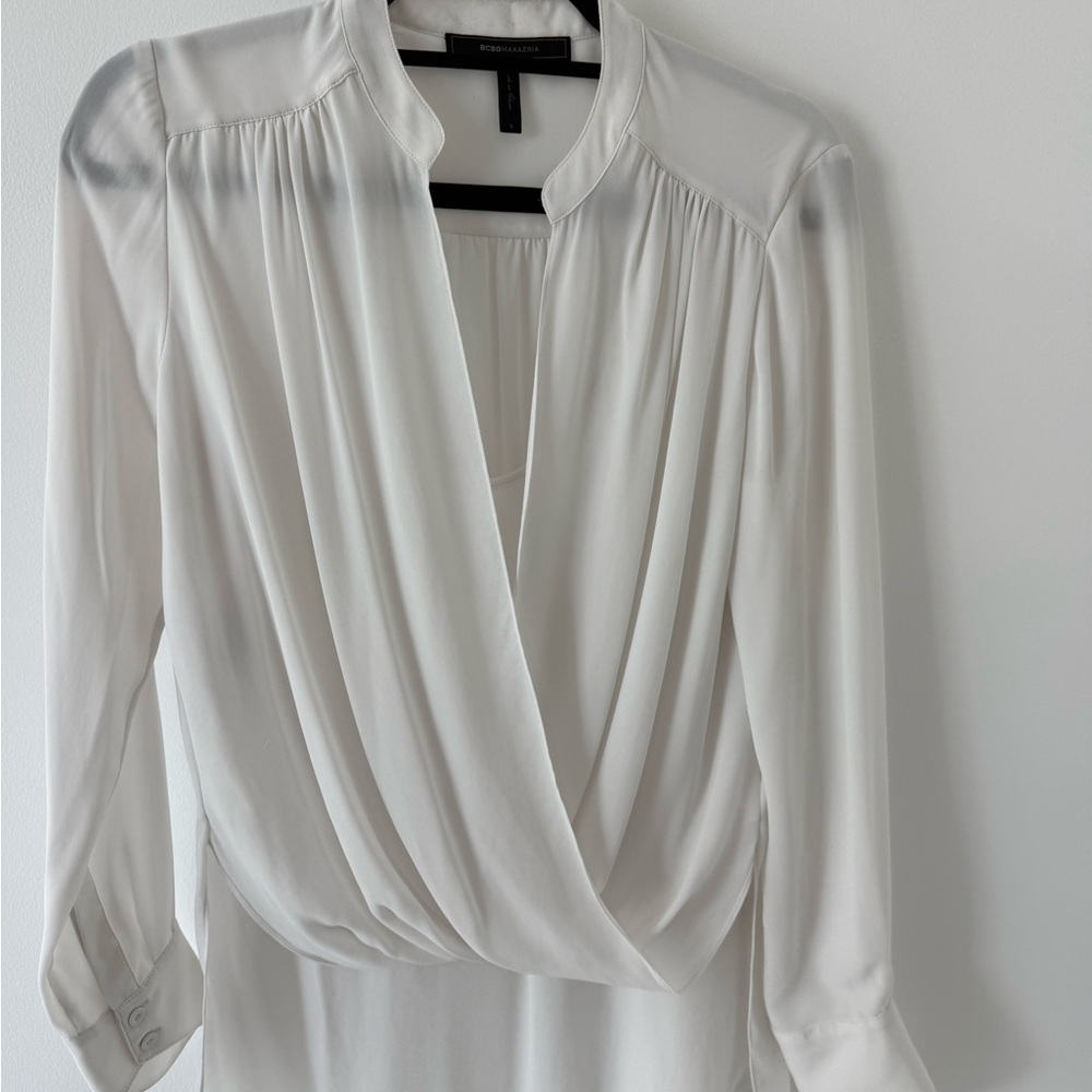 BCBGMaxAzria White Draped Wrap-Front Blouse